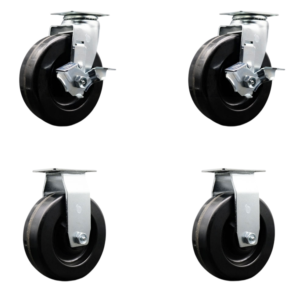 Tool Box Caster Wheel Set - 6 in. Flat Free, Zero Maintenance Phenolic Wheels - Industrial Grade - 2 Swivel with Top Lock Brakes