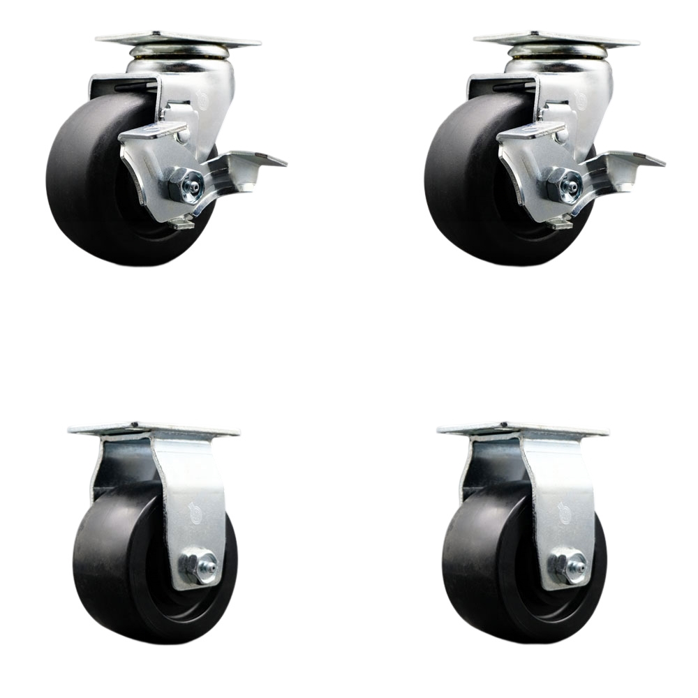 Tool Box Caster Wheel Set - 4 in. Flat Free, Easy Rolling Polyolefin Wheels - Industrial Grade - 2 Swivel with Top Lock Brakes
