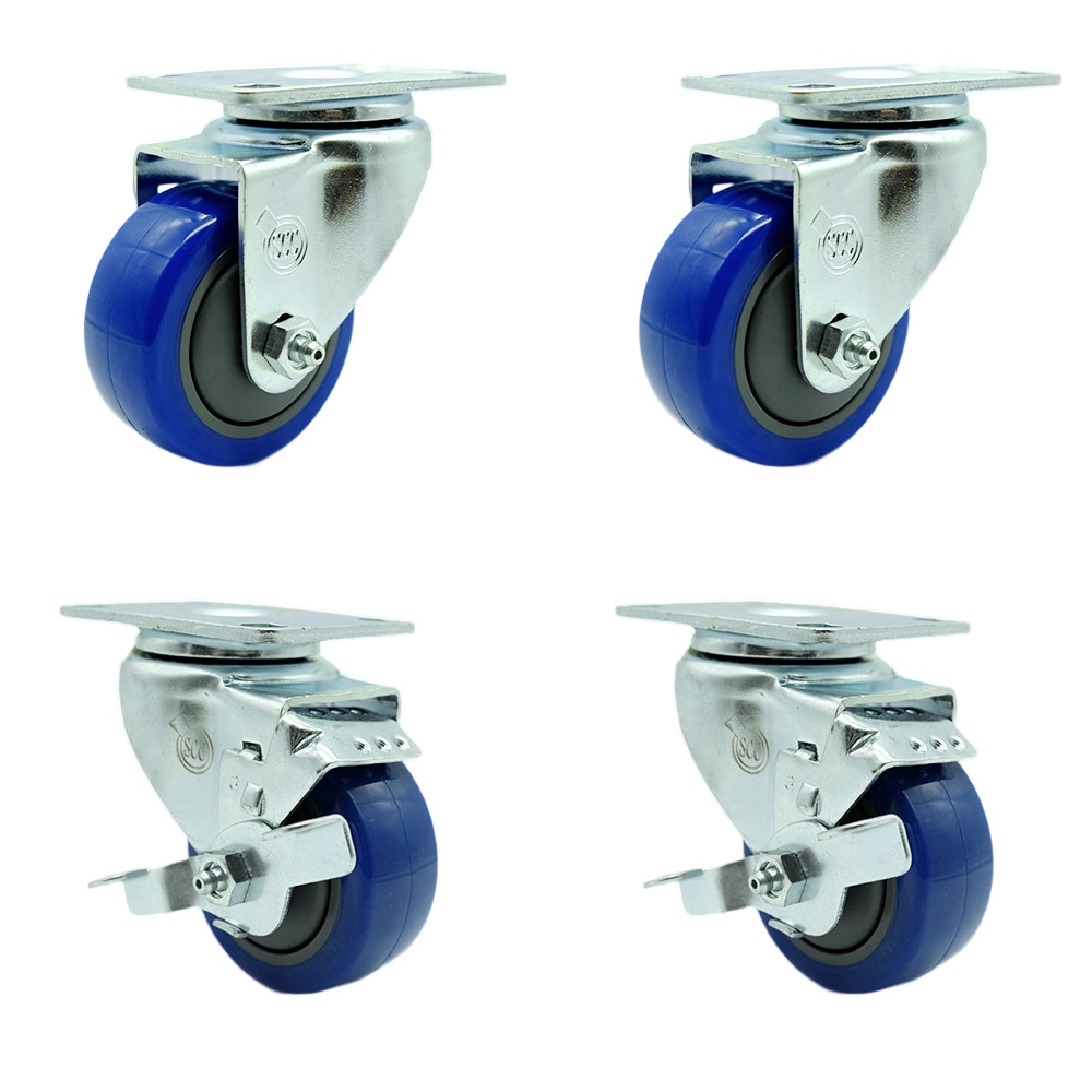 Tool Box Caster Wheel Set - 3.5 in. Non-Marking, Maintenance Free Blue Polyurethane Wheels - Industrial Grade - 2 Swivel with Top Lock Brakes