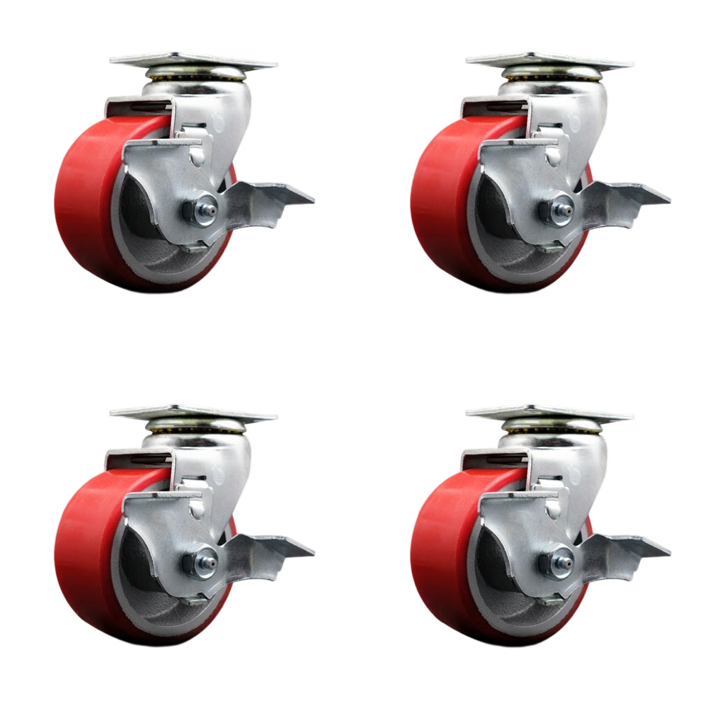 TOOL-SCC-20S420-PUB-RS-TLB-4 Tool Box Caster Wheel Set - 4 in. Non-Marking, Maintenance Free Red Polyurethane on Cast Iron Wheels