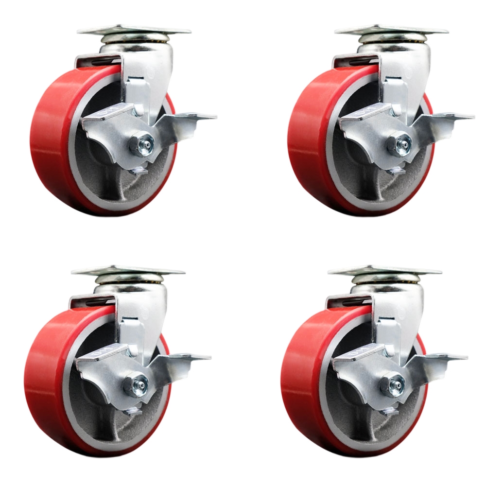 TOOL-SCC-20S520-PUB-RS-TLB-4 Tool Box Caster Wheel Set - 5 in. Non-Marking, Maintenance Free Red Polyurethane on Cast Iron Wheels