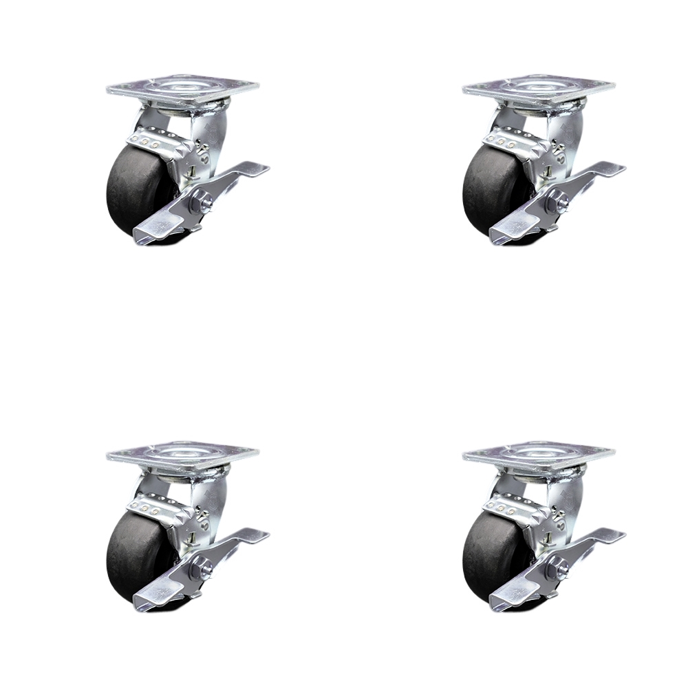 Tool Box Caster Wheel Set - 4 in. Flat Free, Easy Rolling Glass Filled Nylon Wheels - Industrial Grade - 4 Swivel Casters with Top Lock Brakes