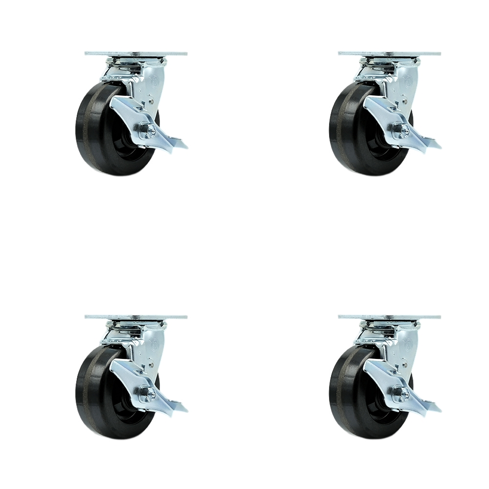 Tool Box Caster Wheel Set - 5 in. Flat Free, Easy Rolling Phenolic Wheels - Industrial Grade - 4 Swivel Casters with Top Lock Brakes