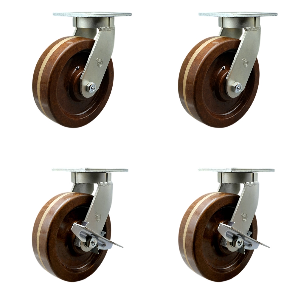 Extra Heavy Duty Kingpinless 12 x 3 in. High Temperature Phenolic Swivel Caster Set for Cranes, Gantries, Hoists & Winches - Set of 4