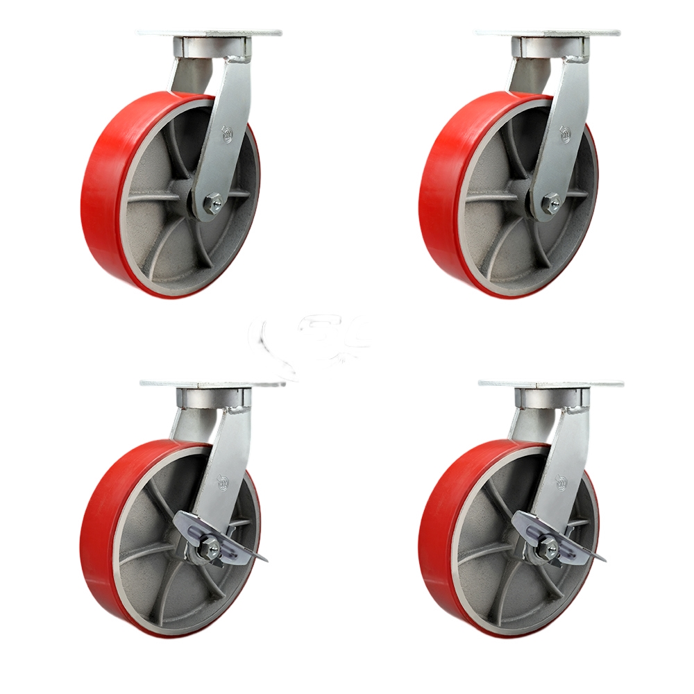 Extra Heavy Duty 12 x 3 in. Red Poly on Cast Iron Swivel Caster Set for Cranes, Gantries, Hoists & Winches - Set of 4 - 3500 lbs per Caster