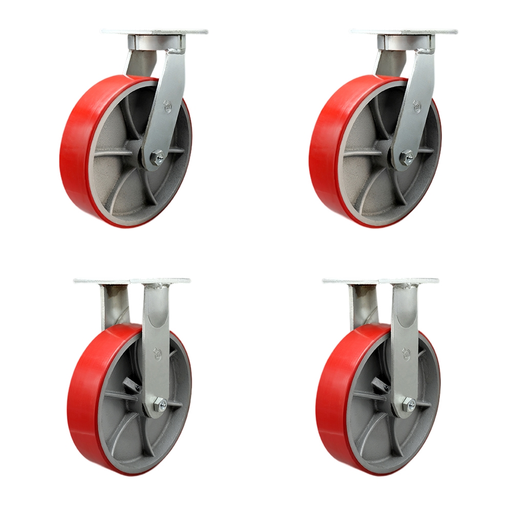 Extra Heavy Duty 12 x 3 in. Red Poly on Cast Iron Swivel Caster Set for Cranes, Gantries, Hoists & Winches - Set of 4 - 3500 lbs per Caster