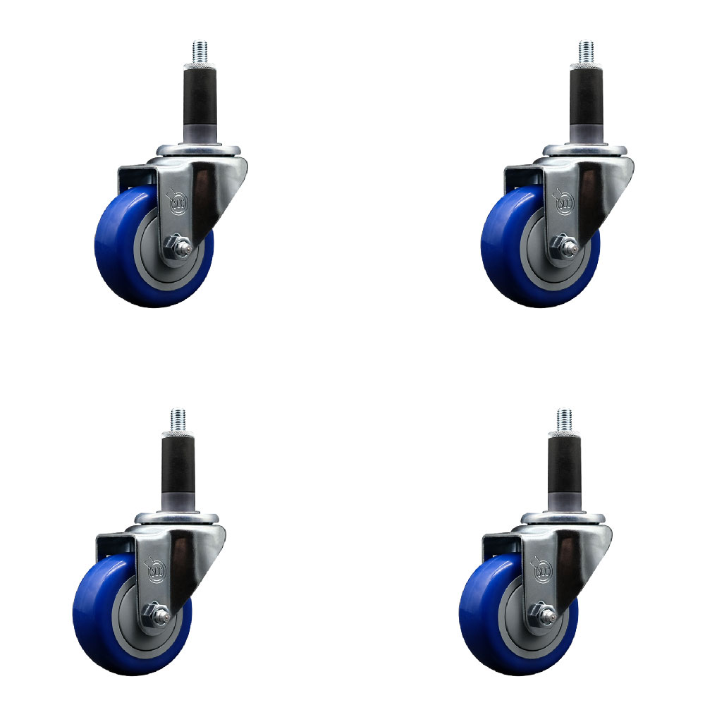SCC-EX20S314-PPUB-BLUE-118-4 Polyurethane Swivel Expanding Stem Caster with 3 in. Blue Wheels & 1.13 in. Stems - Set of 4