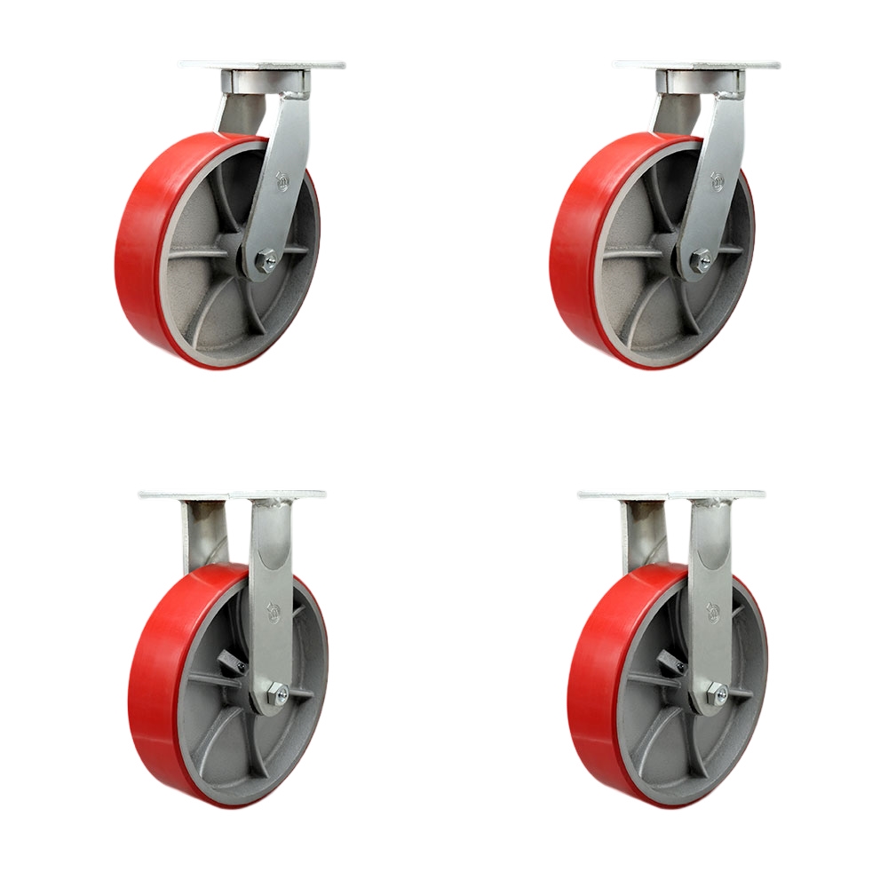 Extra Heavy Duty 10 x 3 in. Red Poly on Cast Iron Swivel Caster Set for Cranes, Gantries, Hoists & Winches - Set of 4 - 3000 lbs per Caster