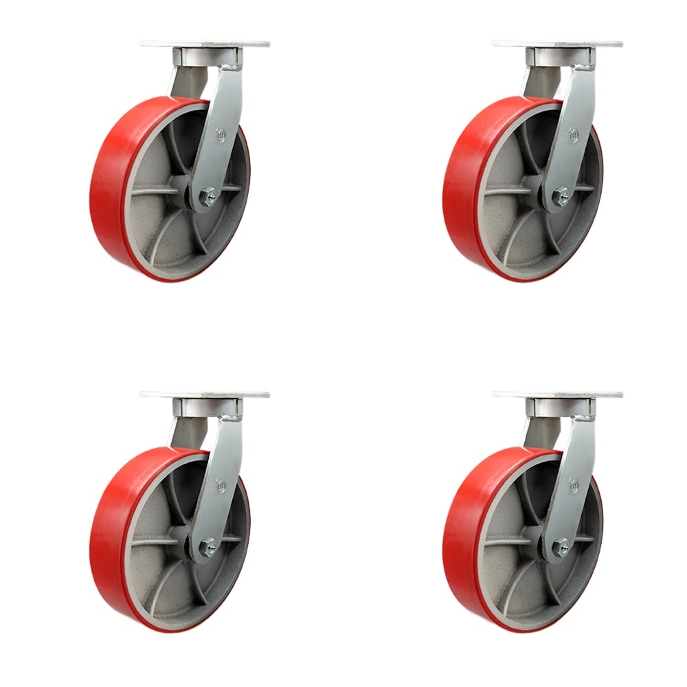 Extra Heavy Duty 10 x 3 in. Red Poly on Cast Iron Swivel Caster Set for Cranes, Gantries, Hoists & Winches - Set of 4 - 3000 lbs per Caster