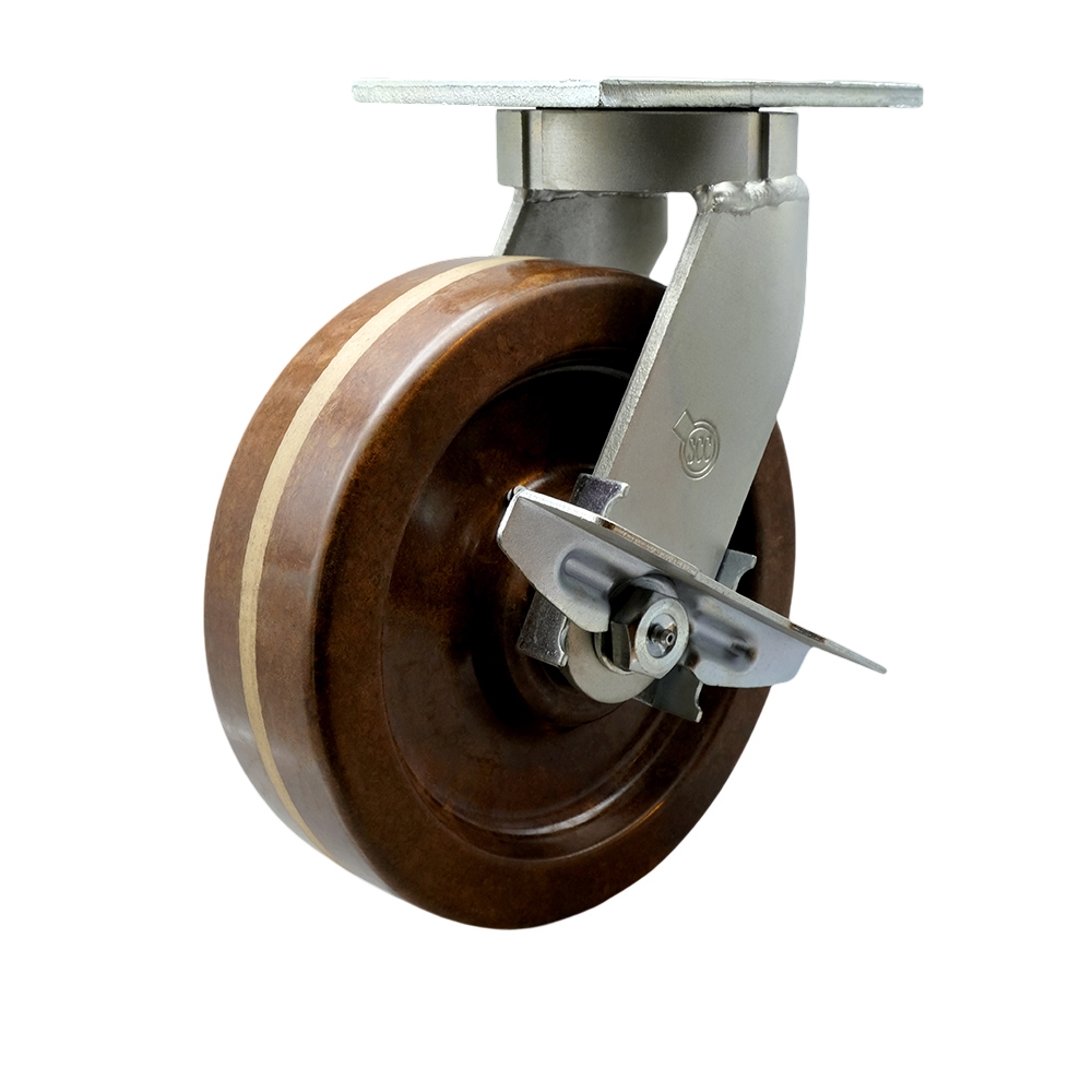 Extra Heavy Duty Kingpinless 12 x 3 in. High Temperature Phenolic Swivel Caster with Bolt on Swivel Lock & Brake - 3500 lbs per Caster