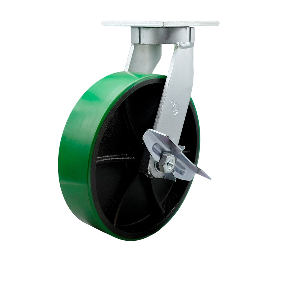Extra Heavy Duty Kingpinless 12 x 3 in. Green Poly on Cast Iron Swivel Caster with Bolt on Swivel Lock & Brake - 3500 lbs per Caster
