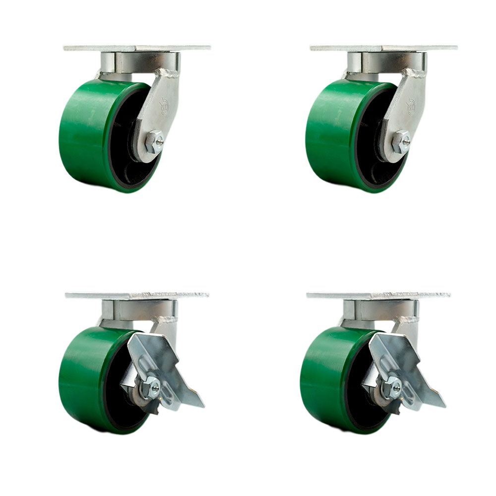 Extra Heavy Duty 6 x 3 in. Green Poly on Cast Iron Swivel Caster Set for Cranes, Gantries, Hoists & Winches - Set of 4 - 2000 lbs per Caster