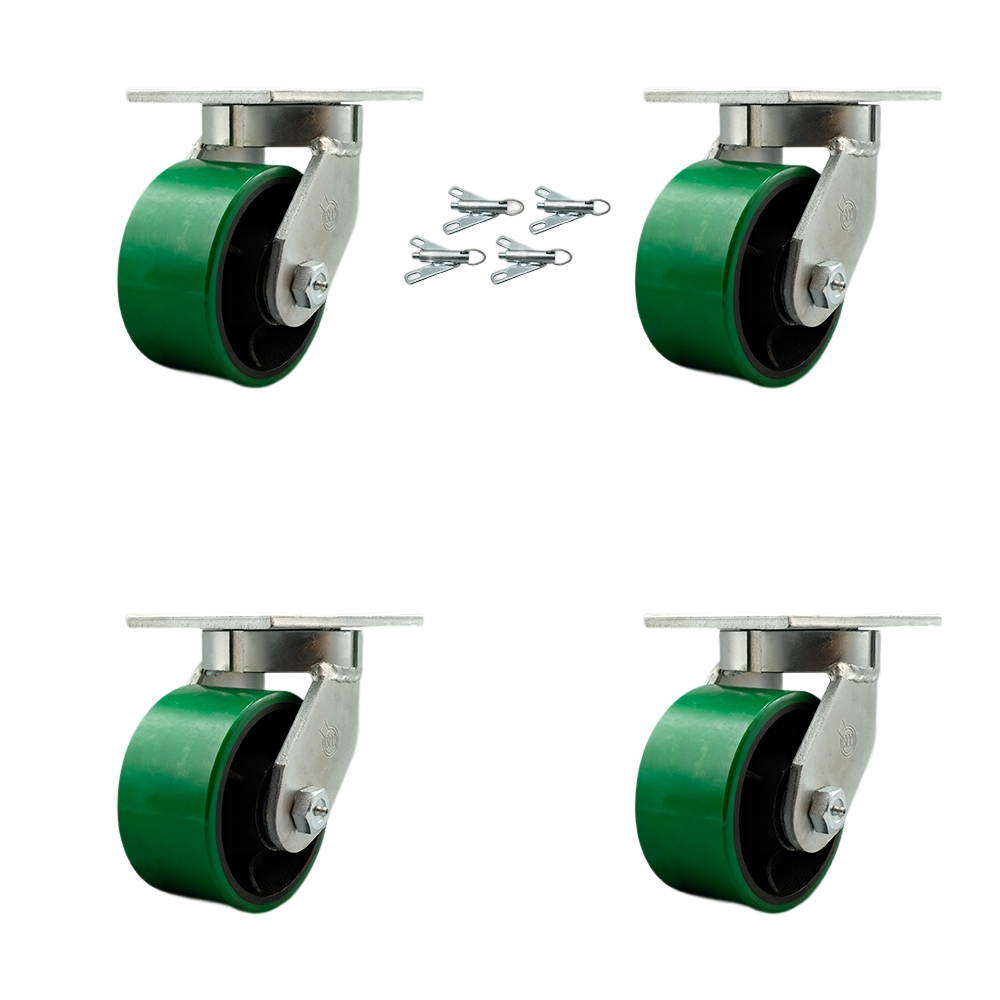 Extra Heavy Duty 6 x 3 in. Green Poly on Cast Iron Swivel Caster Set for Cranes, Gantries, Hoists & Winches - Set of 4 - 2000 lbs per Caster