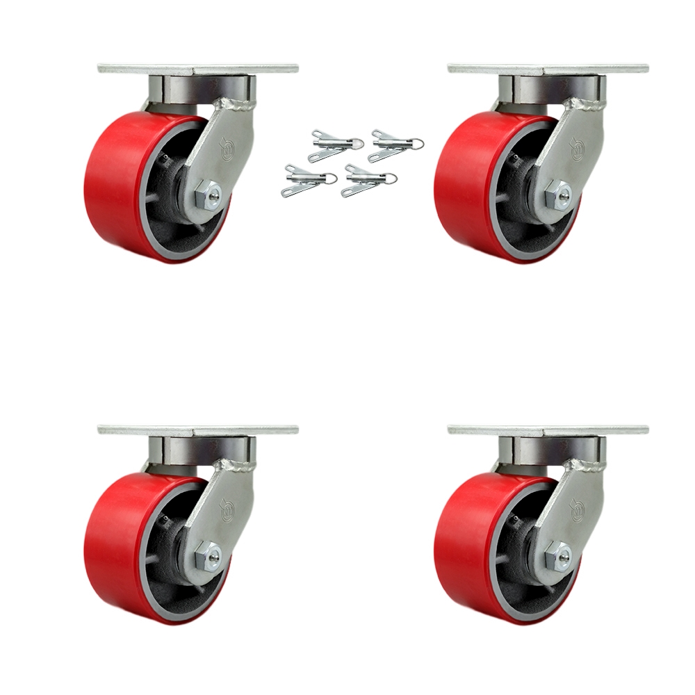 Extra Heavy Duty 6 x 3 in. Red Poly on Cast Iron Swivel Caster Set for Cranes, Gantries, Hoists & Winches - Set of 4 - 2000 lbs per Caster