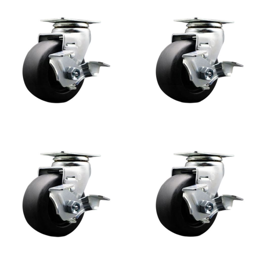 Tool Box Caster Wheel Set - 4 in. Flat Free, Zero Maintenance Polyolefin Wheels - Industrial Grade - 4 Swivel Casters with Top Lock Brakes