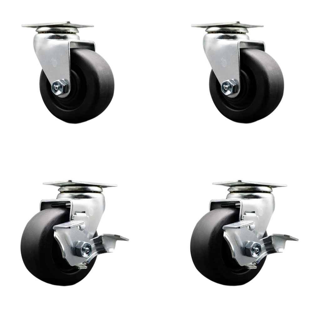 Tool Box Caster Wheel Set - 4 in. Flat Free, Zero Maintenance Polyolefin Wheels - Industrial Grade - 2 Swivel with Top Lock Brakes