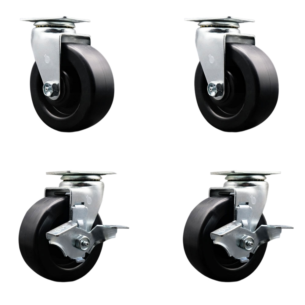 Tool Box Caster Wheel Set - 5 in. Flat Free, Zero Maintenance Polyolefin Wheels - Industrial Grade - 2 Swivel with Top Lock Brakes