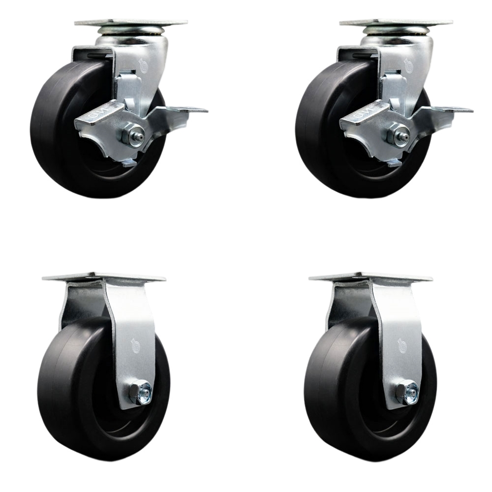 Tool Box Caster Wheel Set - 5 in. Flat Free, Easy Rolling Polyolefin Wheels - Industrial Grade - 2 Swivel with Top Lock Brakes