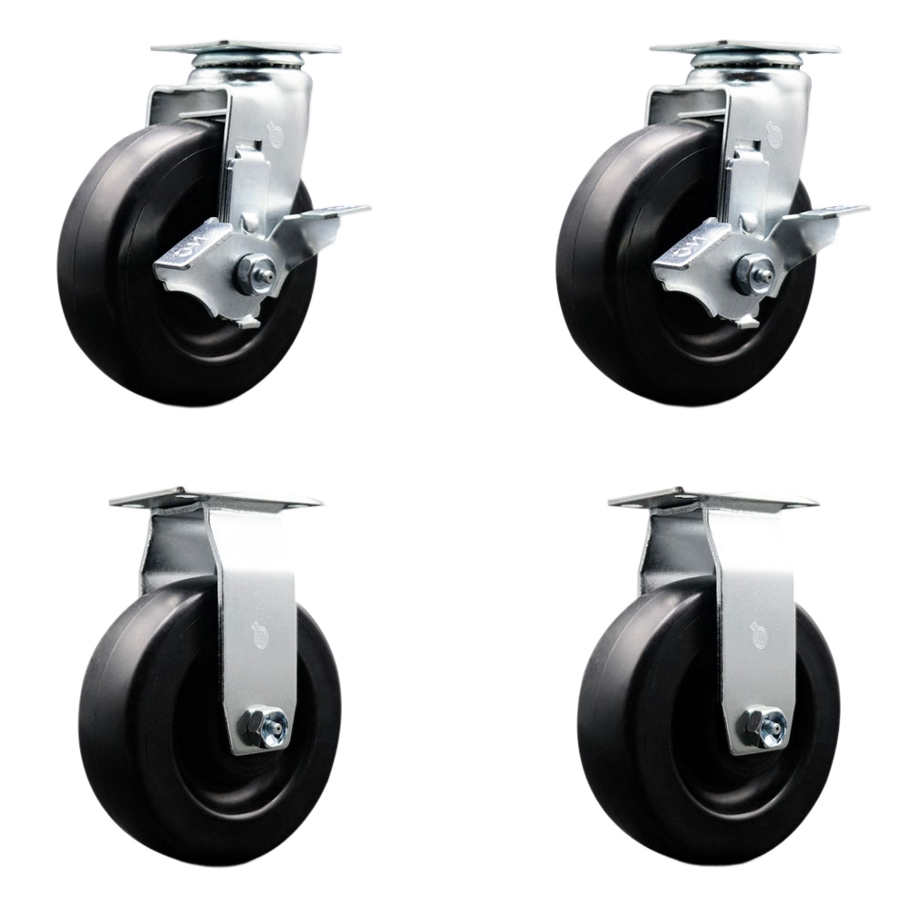 Tool Box Caster Wheel Set - 6 in. Flat Free, Easy Rolling Polyolefin Wheels - Industrial Grade - 2 Swivel with Top Lock Brakes