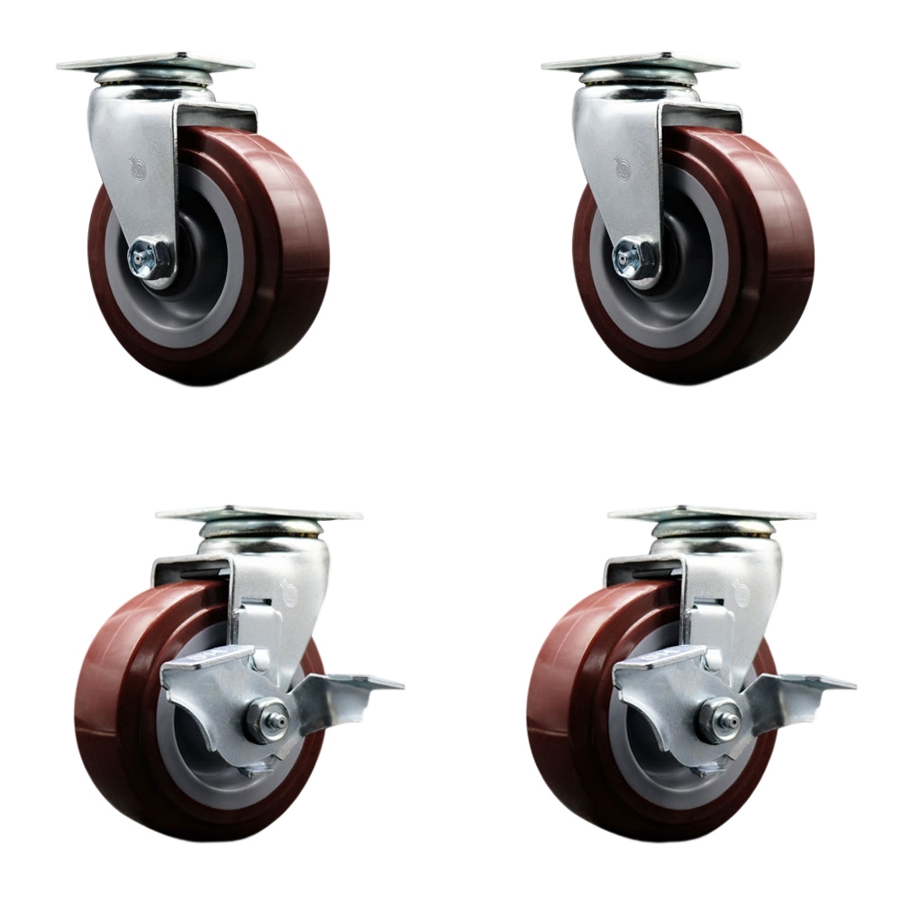 Tool Box Caster Wheel Set - 5 in. Non-Marking, Easy Rolling Maroon Polyurethane Wheels - Industrial Grade - 2 Swivel with Top Lock Brakes