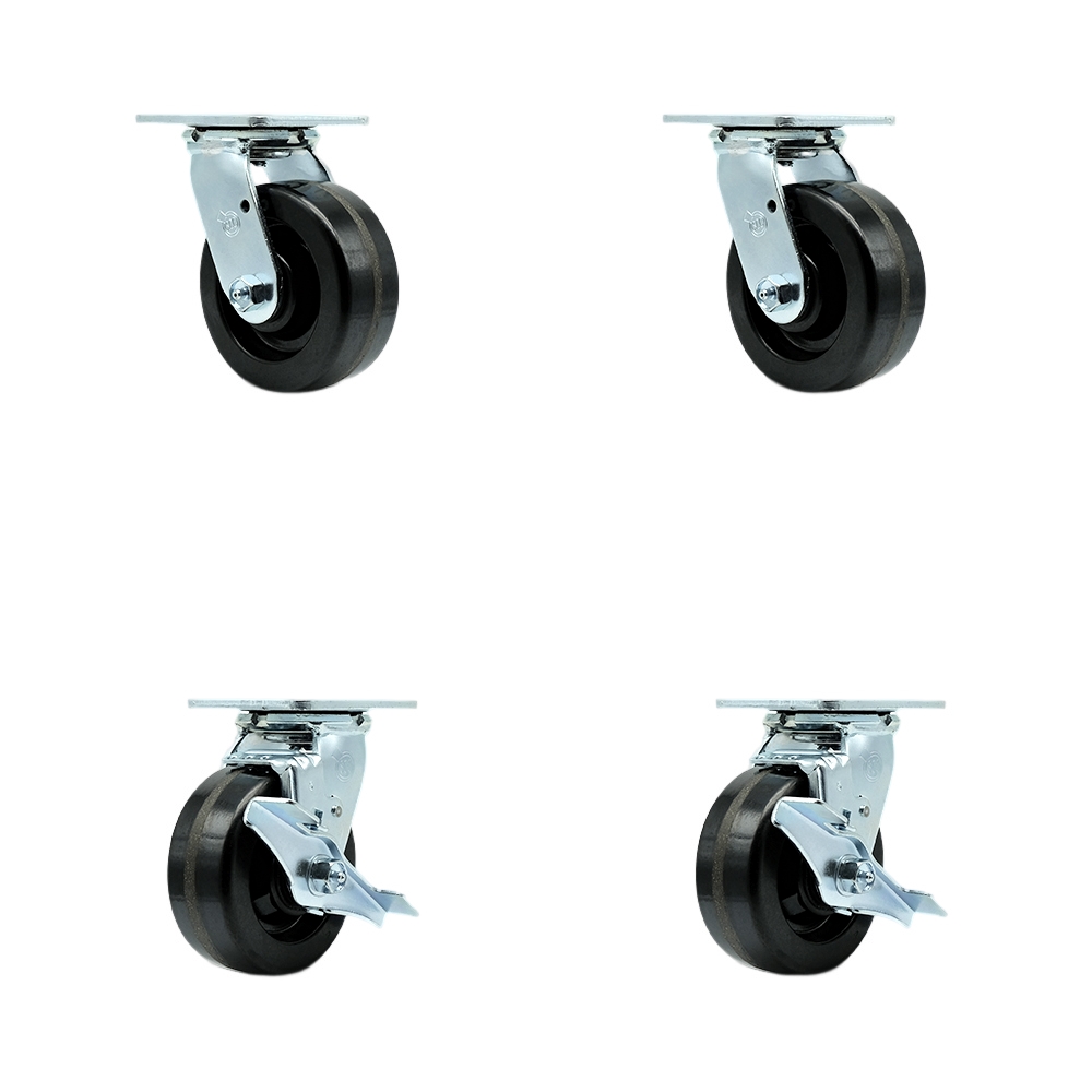 Tool Box Caster Wheel Set - 5 in. Flat Free, Zero Maintenance Phenolic Wheels - Industrial Grade - 2 Swivel with Top Lock Brakes
