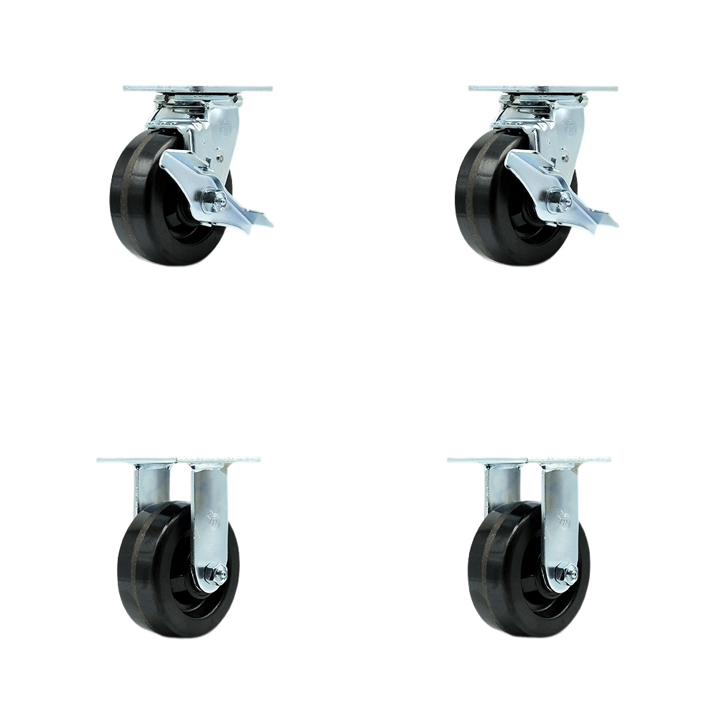 Tool Box Caster Wheel Set - 5 in. Flat Free, Zero Maintenance Phenolic Wheels - Industrial Grade - 2 Swivel with Top Lock Brakes