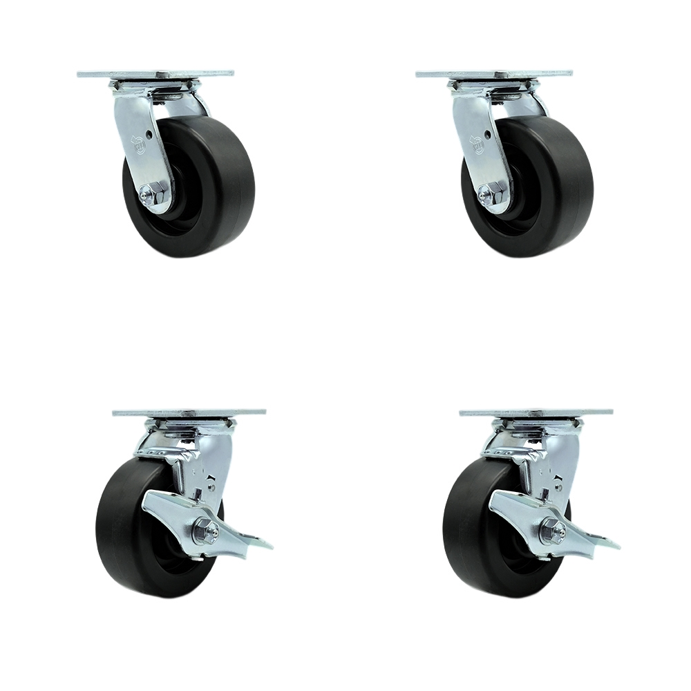 Tool Box Caster Wheel Set - 5 in. Flat Free, Zero Maintenance Polyolefin Wheels - Industrial Grade - 2 Swivel with Top Lock Brakes