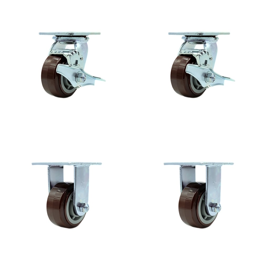 Tool Box Caster Wheel Set - 4 in. Non-Marking, Easy Rolling Maroon Polyurethane Wheels - Industrial Grade - 2 Swivel with Top Lock Brakes