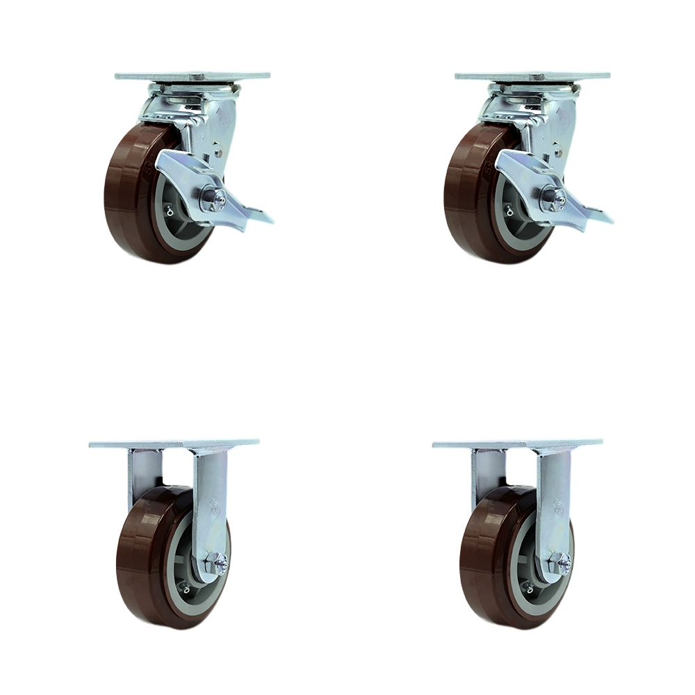 Tool Box Caster Wheel Set - 5 in. Non-Marking, Easy Rolling Maroon Polyurethane Wheels - Industrial Grade - 2 Swivel with Top Lock Brakes