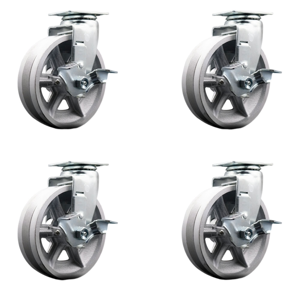 SCC-20S620-VGR-TLB-4 Swivel Top Plate Caster Set, Silver 6 x 2 in. V-Groove Semi Steel Cast Iron Wheel Roller Bearing - 1800 lbs Total Capacity
