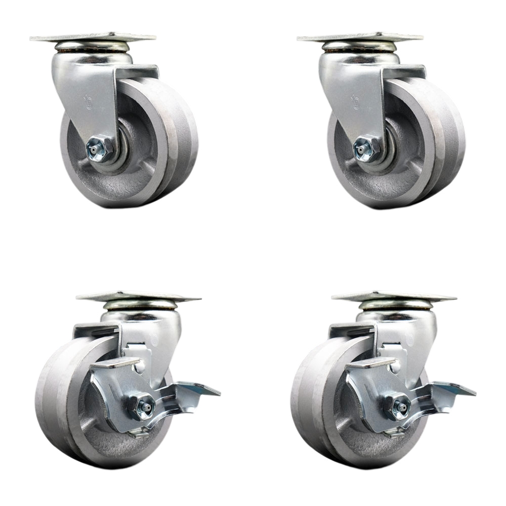 SCC-20S420-VGB-2-TLB-2 Swivel Top Plate Caster Set, Silver 4 x 2 in. V-Groove Semi Steel Cast Iron Wheel Ball Bearing - 1800 lbs Total Capacity