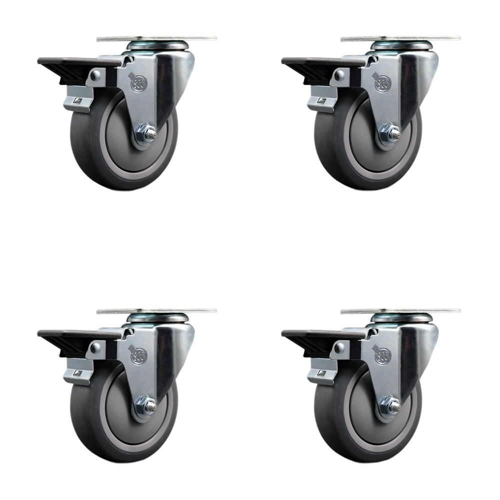 SCC-20S414-TPRB-PLB-4 Thermoplastic Rubber Swivel Top Plate Caster with 4 in. Gray Wheels - 1000 lbs Total Capacity - Set of 4