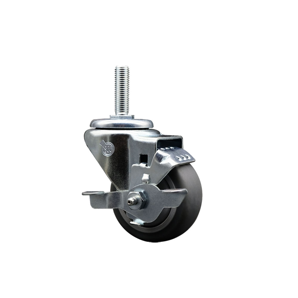Thermoplastic Rubber Swivel Threaded Stem Caster - 3 x 1.25 in. Gray Wheel & 0.75 in. Stem & Top Locking Brake - 210 lbs Capacity per Caster