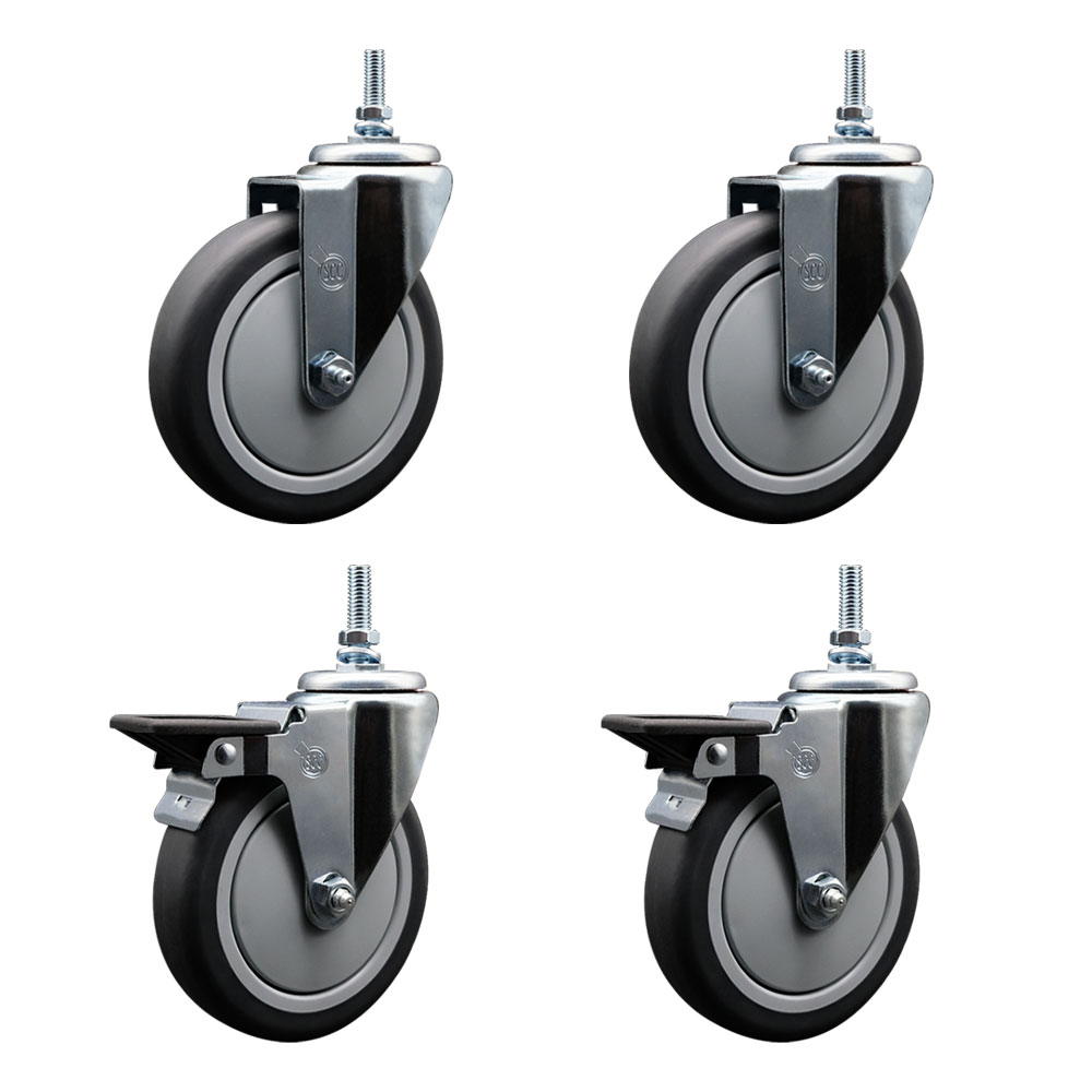 Thermoplastic Rubber Swivel Threaded Stem Caster - 5 x 1.25 in. Gray Wheels & 0.37 in. Stems - 1200 lbs Total Capacity - Set of 4