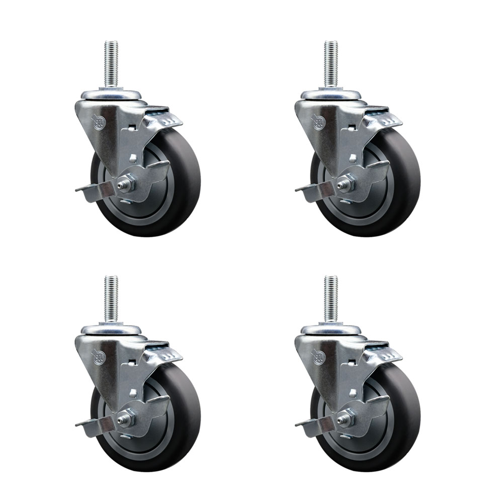 Thermoplastic Rubber Swivel Threaded Stem Caster with 4 x 1.25 in. Gray Wheels & 0.62 in. Stems - 1000 lbs Total Capacity - Set of 4