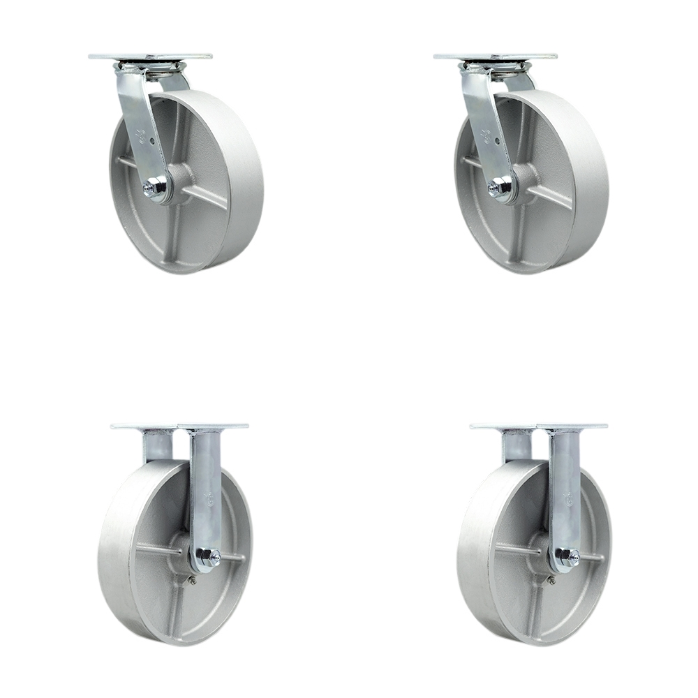 SCC-30CS820-SSR-BSL-2-R-2 Semi Steel Cast Iron Swivel Top Plate Casters, Heavy Duty with 8 in. Wheels - 5000 lbs Total Capacity - Set of 4