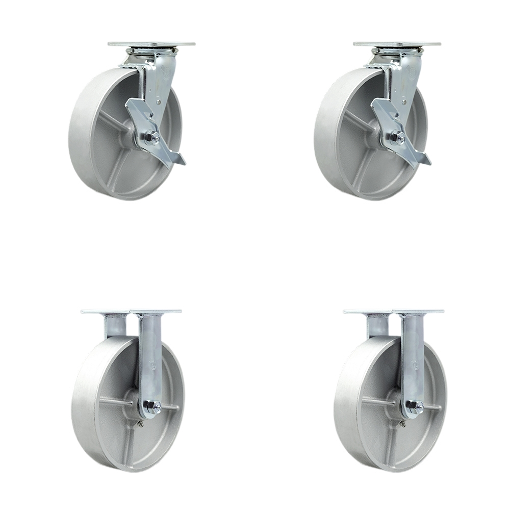 SCC-30CS820-SSR-TLB-BSL-2-R-2 Semi Steel Cast Iron Swivel Top Plate Casters, Heavy Duty with 8 in. Wheels - 5000 lbs Total Capacity - Set of 4