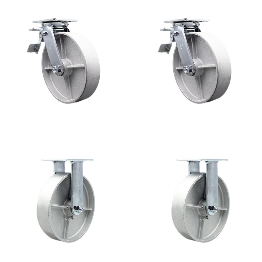 SCC-TTL30S820-SSR-2-R-2 Semi Steel Cast Iron Swivel Top Plate Casters, Heavy Duty with 8 in. Wheels - 5000 lbs Total Capacity - Set of 4