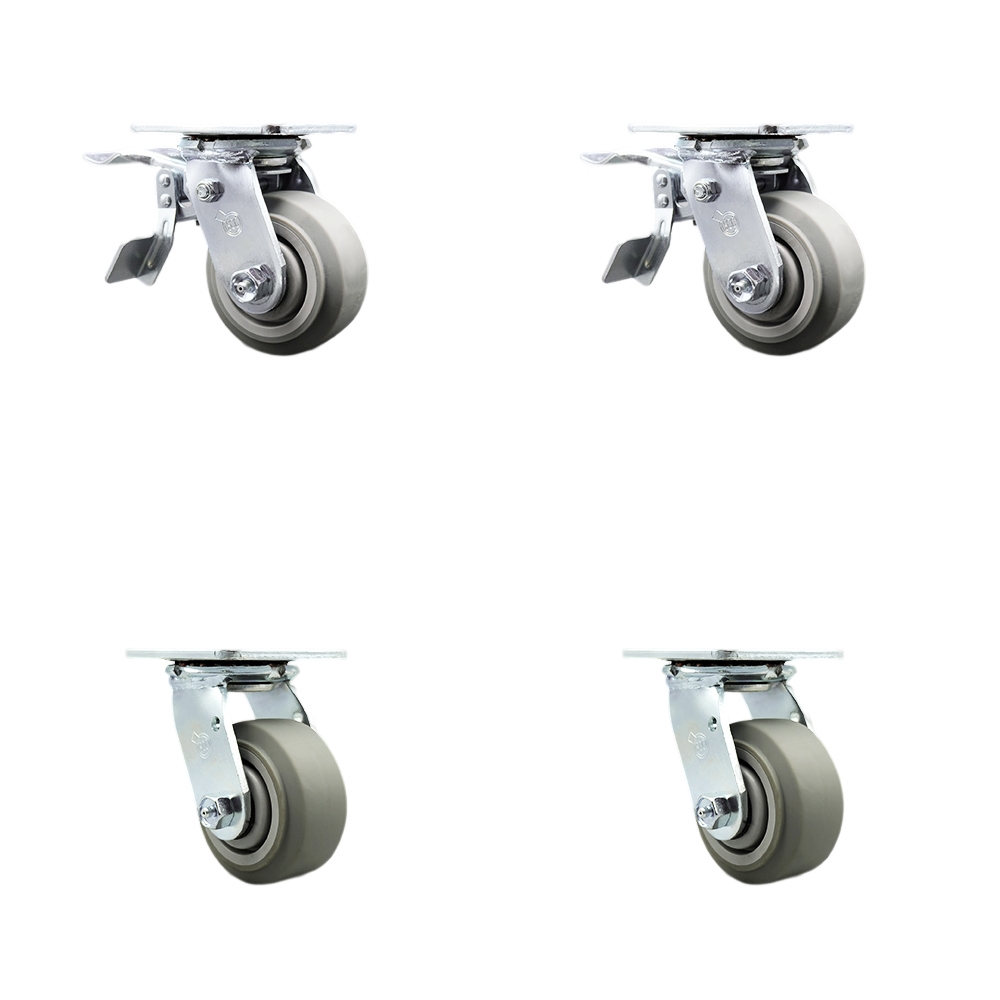 Thermoplastic Rubber Flat Tread Swivel Top Plate Casters, Heavy Duty with 4 in. Wheels - 1200 lbs Total Capacity - Set of 4