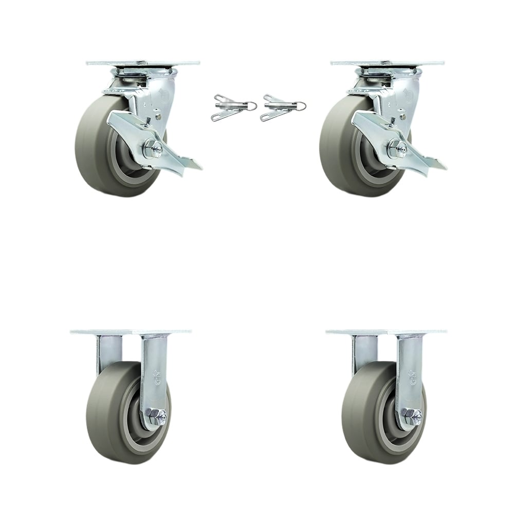SCC-30CS520-TPRRF-TLB-BSL-2-R-2 Thermoplastic Rubber Flat Tread Swivel Top Plate Casters, Heavy Duty with 5 in. Wheels - Set of 4