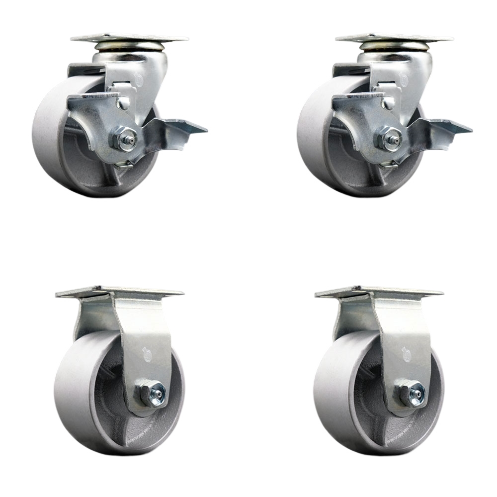 Tool Box Caster Wheel Set - 4 in. Flat Free, Easy Rolling Semi Steel Cast Iron Wheels - Industrial Grade - 2 Swivel with Top Lock Brakes