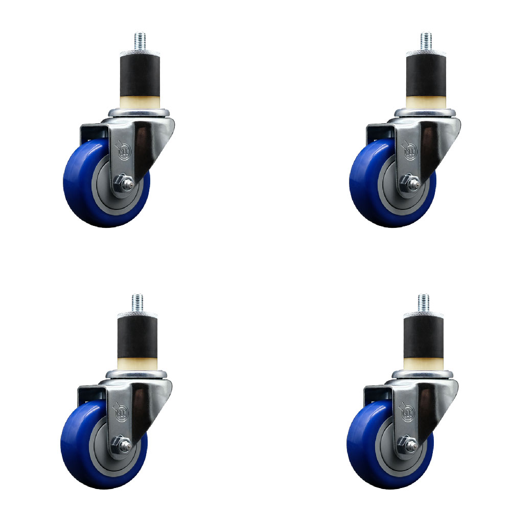SCC-SSEX20S314-PPUB-BLUE-178-4 Stainless Steel Polyurethane Swivel Expanding Stem Caster with 3 in. Blue Wheels & 1.87 in. Stems - Set of 4