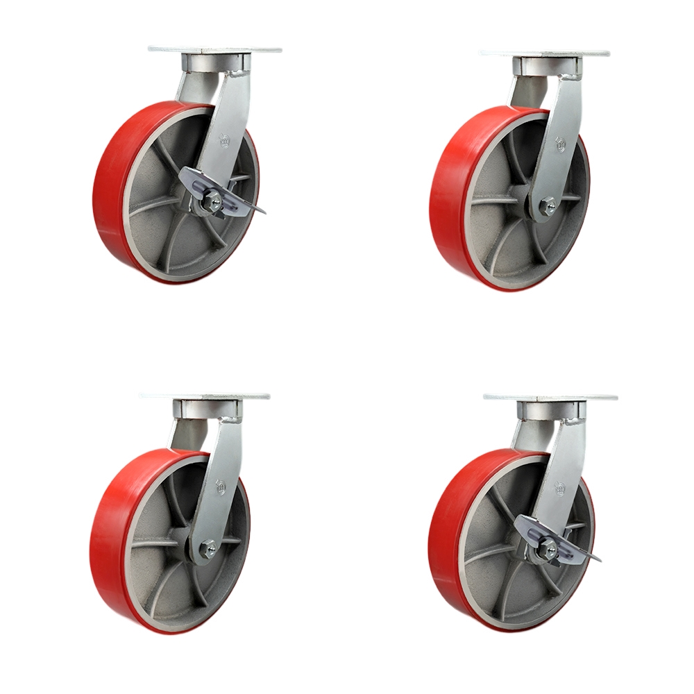 Extra Heavy Duty 10 x 3 in. Red Poly on Cast Iron Swivel Caster Set for Cranes, Gantries, Hoists & Winches - Set of 4 - 3000 lbs per Caster