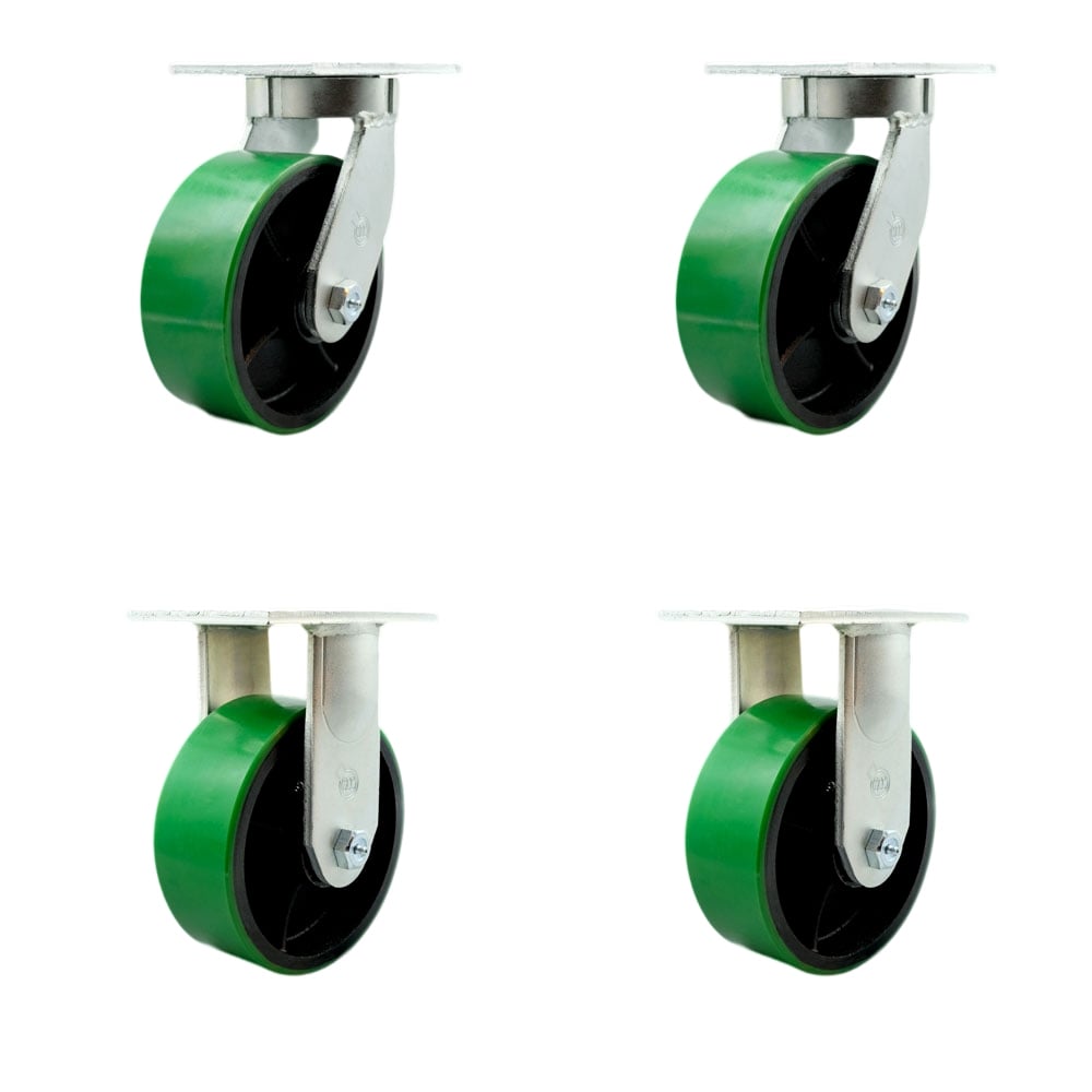 Extra Heavy Duty 8 x 3 in. Green Poly on Cast Iron Swivel Caster Set for Cranes, Gantries, Hoists & Winches - Set of 4 - 2500 lbs per Caster