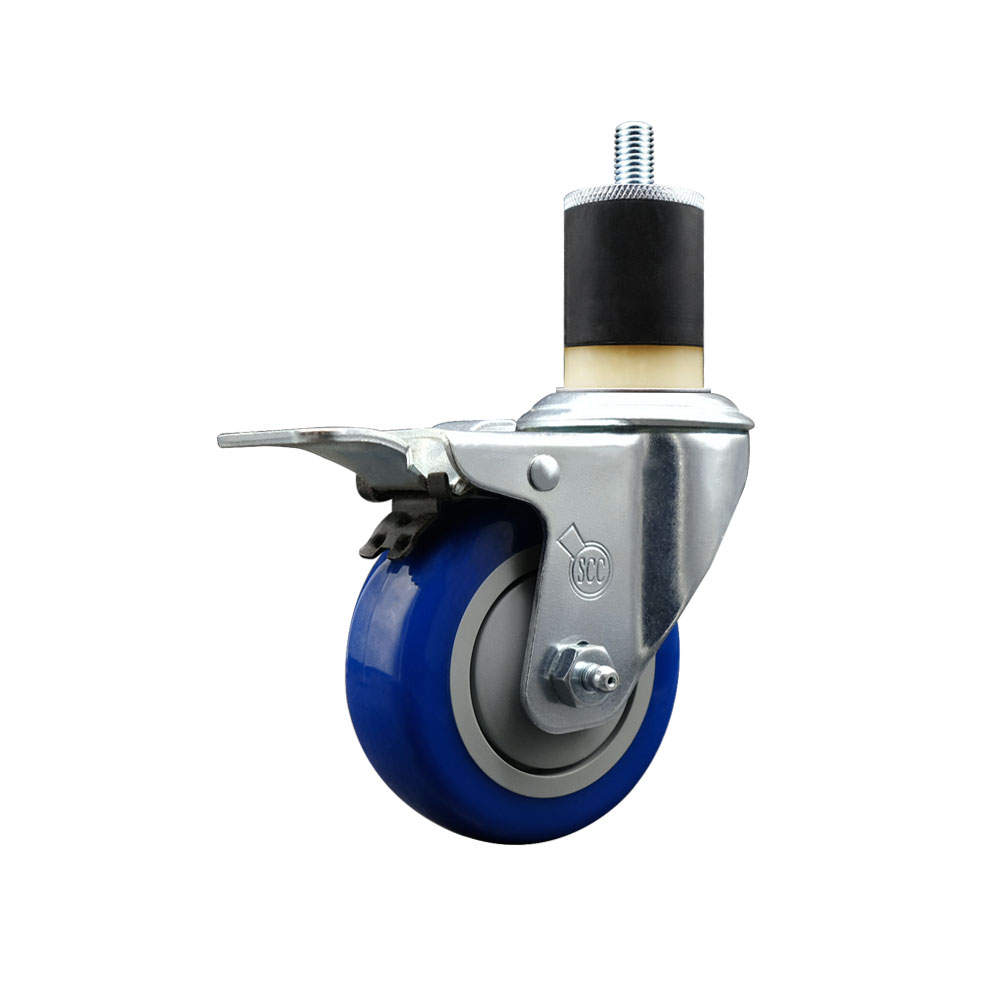 Stainless Steel Polyurethane Expanding Stem Swivel Caster with 3.5 in. Blue Wheel & 1.87 in. Stem & Total Locking Brake