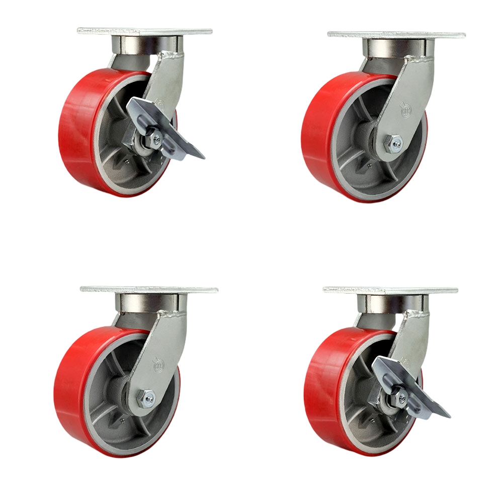 Extra Heavy Duty 8 x 3 in. Red Poly on Cast Iron Swivel Caster Set for Cranes, Gantries, Hoists & Winches - Set of 4 - 2500 lbs per Caster