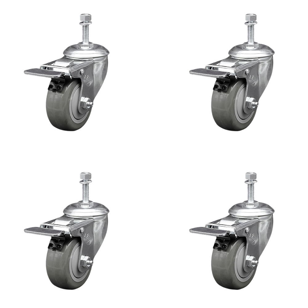 Replacement Set for Laguna Casters - Swivel 0.375 in. Threaded Stem Casters with 3 in. Gray Polyurethane Wheels & Total Lock Brakes