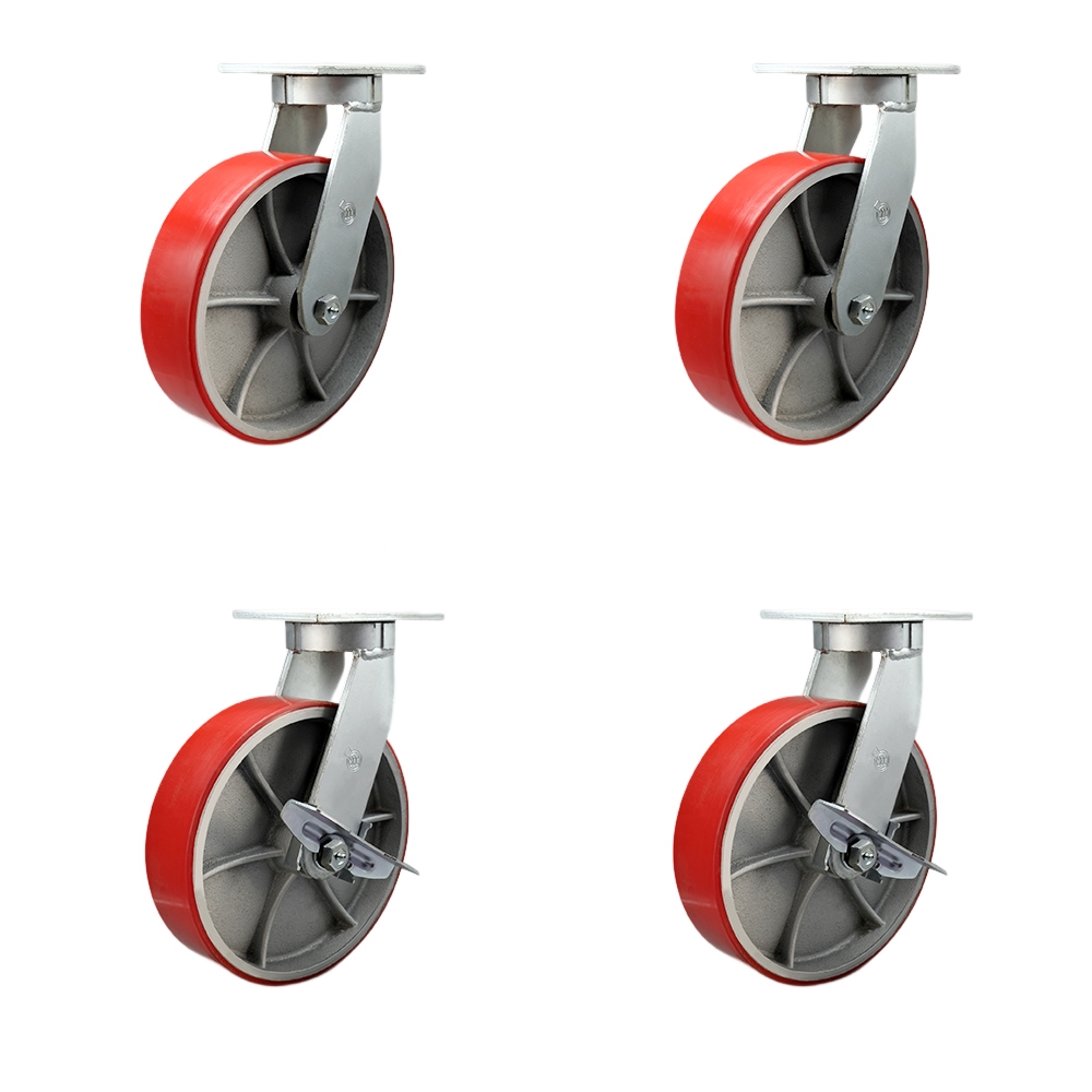Extra Heavy Duty 10 x 3 in. Red Poly on Cast Iron Swivel Caster Set for Cranes, Gantries, Hoists & Winches - Set of 4 - 3000 lbs per Caster
