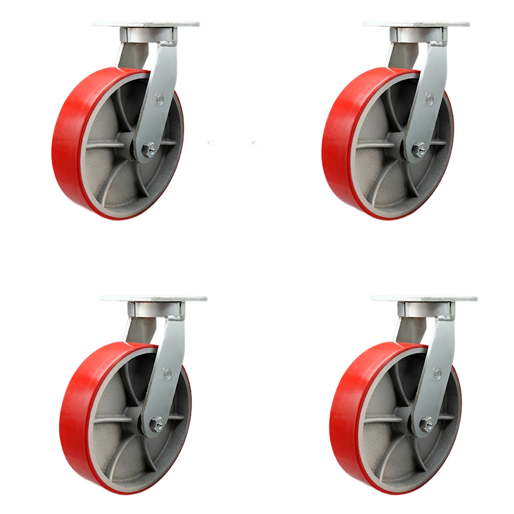 Extra Heavy Duty 12 x 3 in. Red Poly on Cast Iron Swivel Caster Set for Cranes, Gantries, Hoists & Winches - Set of 4 - 3500 lbs per Caster