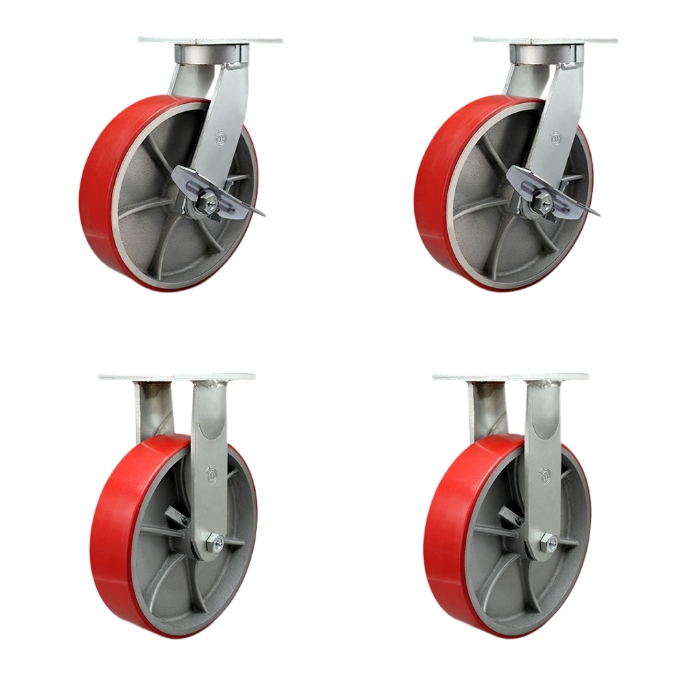 Extra Heavy Duty 12 x 3 in. Red Poly on Cast Iron Swivel Caster Set for Cranes, Gantries, Hoists & Winches - Set of 4 - 3500 lbs per Caster